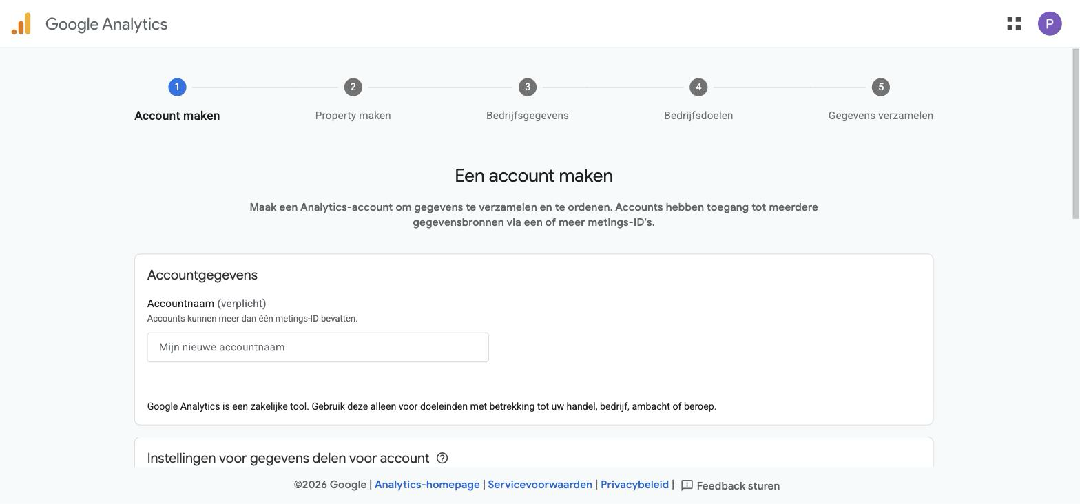 Eerste stap van de Google Analytics-wizard: een account aanmaken met een accountnaam