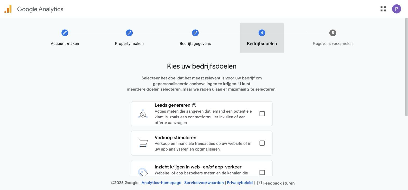 Stap Bedrijfsdoelen in de Google Analytics-wizard met keuzetegels voor bedrijfsdoelen