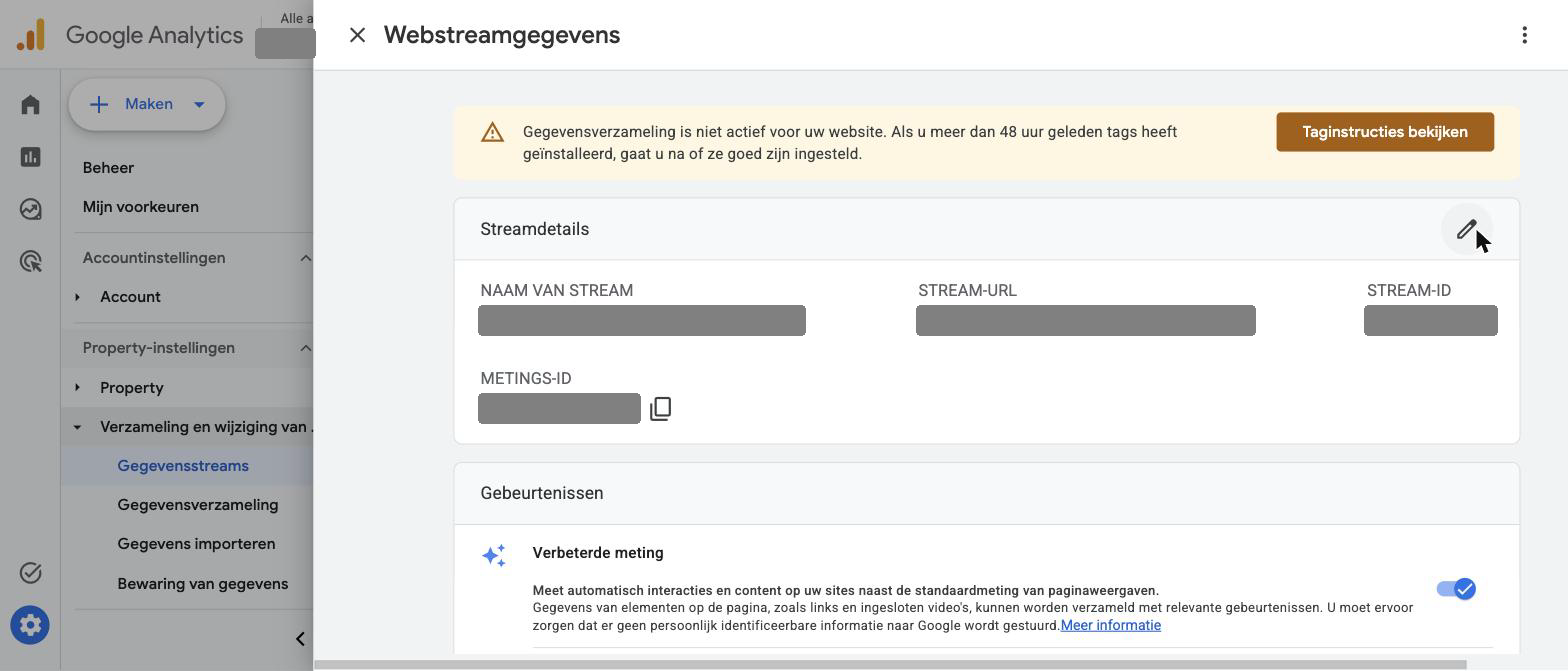 Streamdetails van een Google Analytics-webstream met het veld Metings-ID