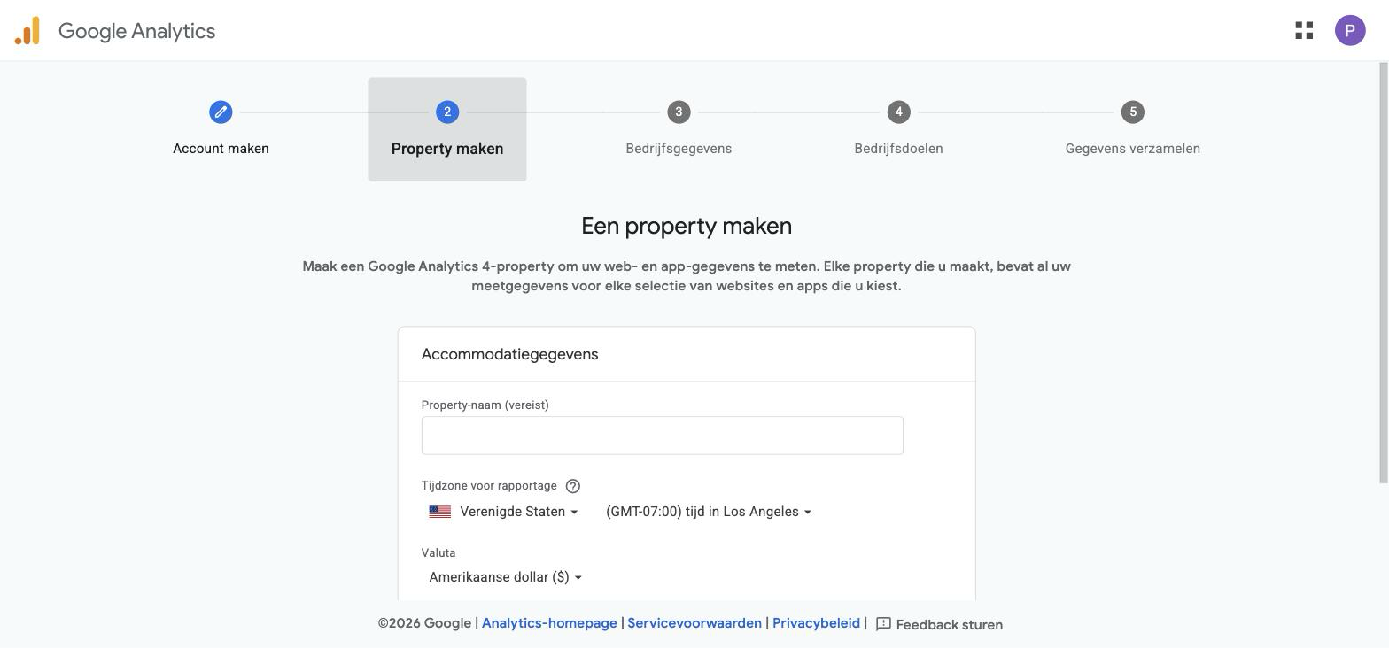Tweede stap van de Google Analytics-wizard: een property aanmaken met property-naam, tijdzone en valuta