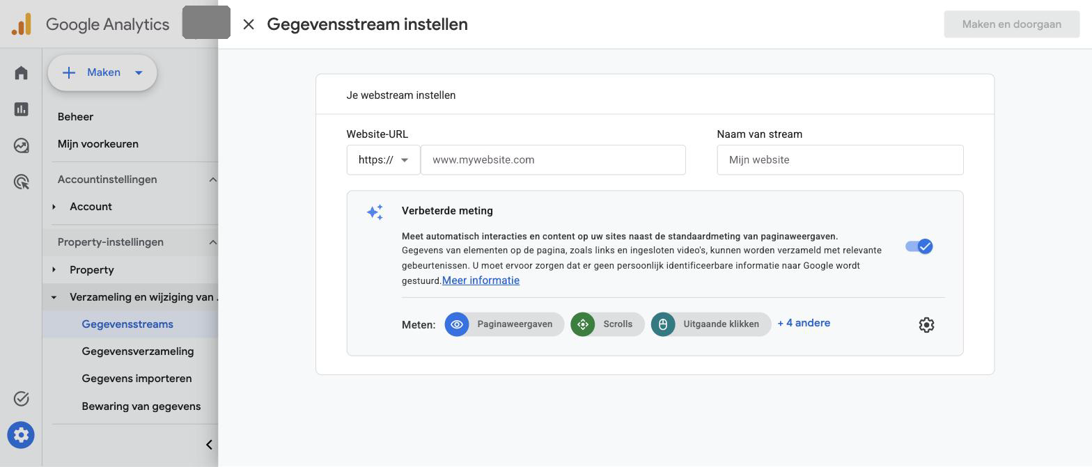 Dialoogvenster Gegevensstream instellen met de velden Website-URL en Naam van stream