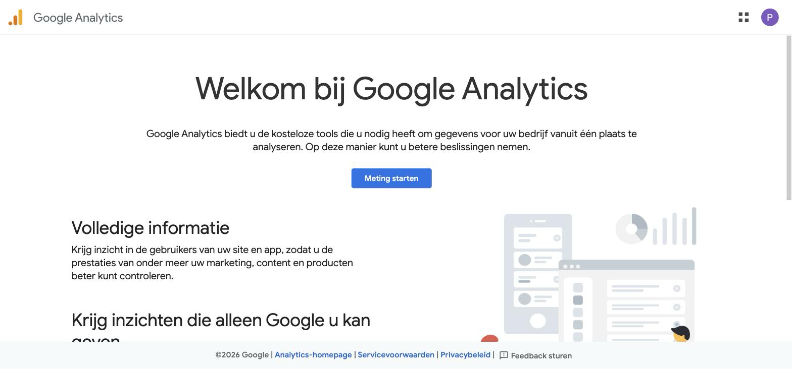 Welkomstscherm van Google Analytics met de knop Meting starten