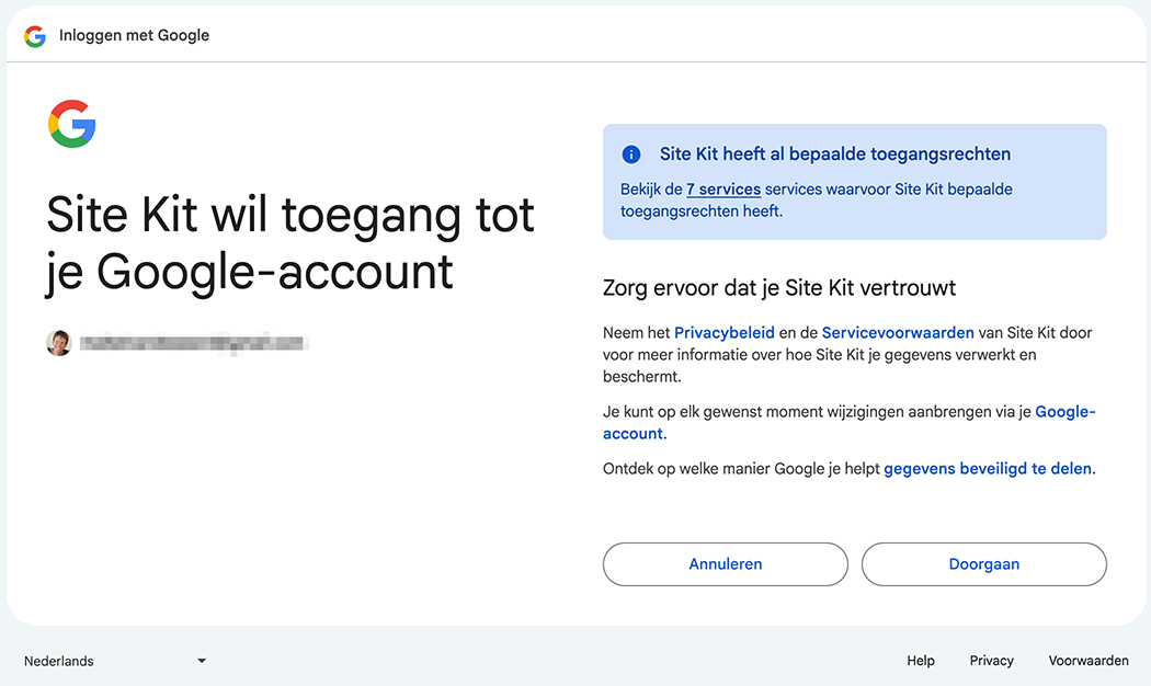 Site Kit toegang geven tot Google-account