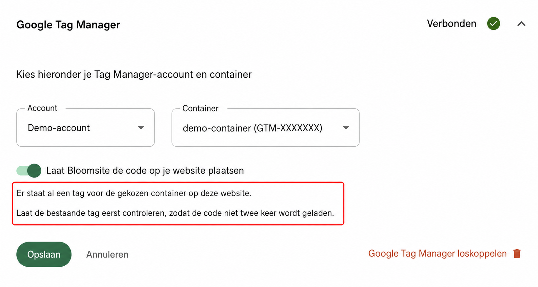 Google Tag Manager-koppeling met account, container en instelling om de code op de website te plaatsen