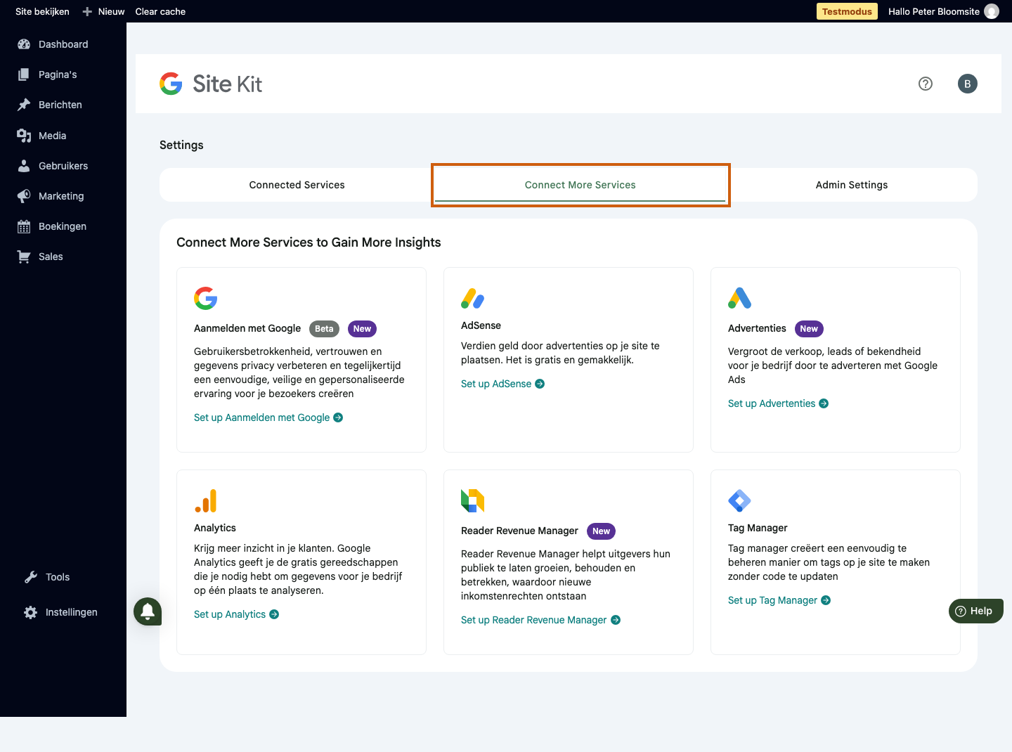 Bloomsite Google-instellingen met Connect More Services gemarkeerd