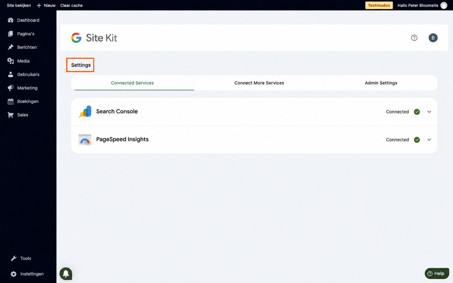 Bloomsite Google-instellingen met Settings gemarkeerd