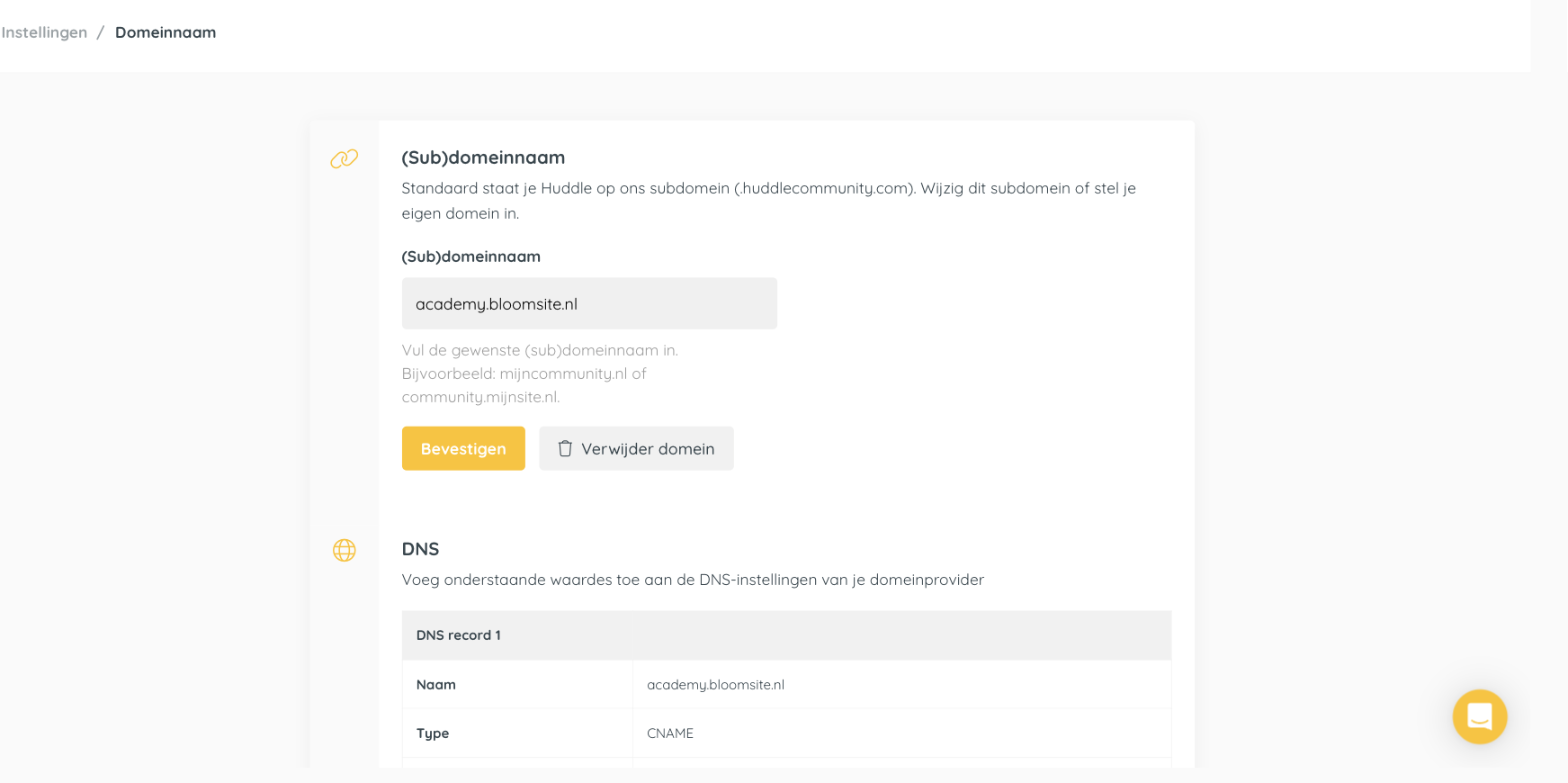 Domeinnaam-pagina in Huddle met het veld (Sub)domeinnaam