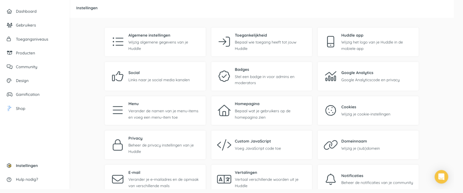 Instellingenoverzicht in Huddle met de kaart Domeinnaam