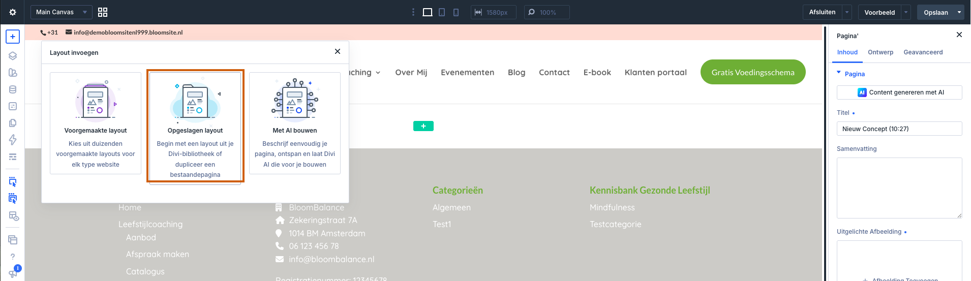 Visual Builder: kies Opgeslagen layout