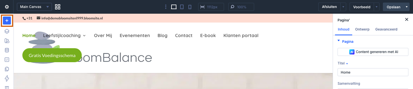 Visual Builder: het +-icoon linksboven