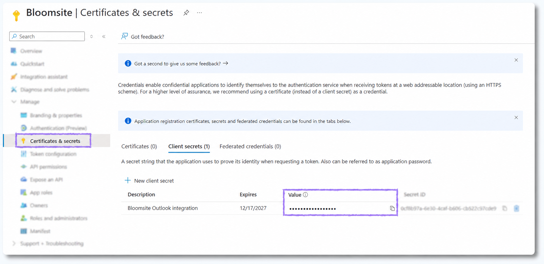 Lijst met clientgeheimen in Microsoft Azure waarin de nieuwe waarde zichtbaar is