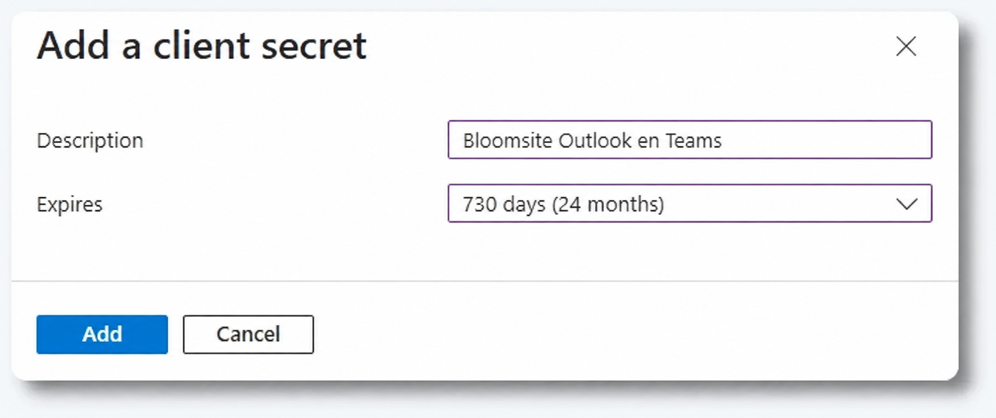 Microsoft Azure-venster om een clientgeheim met een looptijd van 24 maanden te maken
