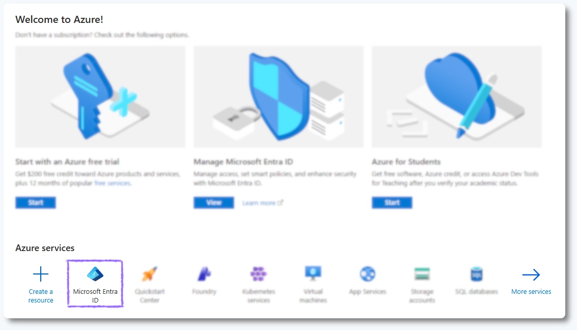 Microsoft Azure-startscherm met Microsoft Entra ID