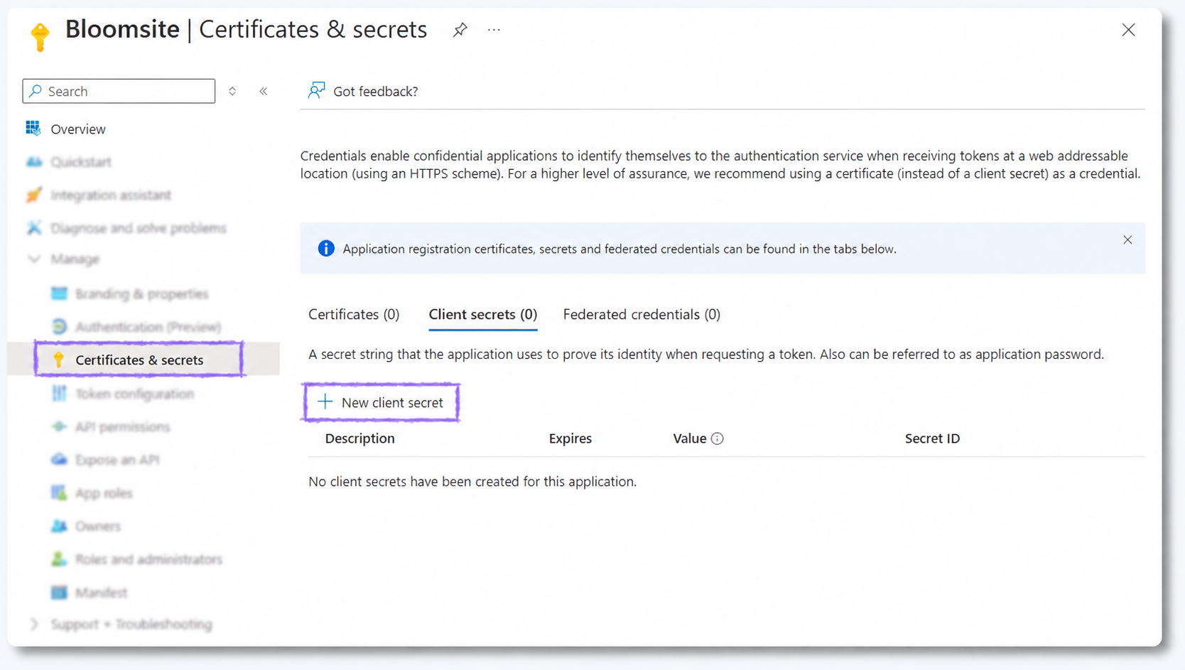 Certificates en secrets in Microsoft Azure met de knop New client secret
