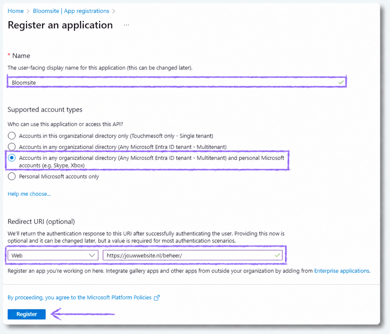 Microsoft Azure-venster Register an application met accounttype en Redirect URI