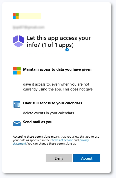 Het Microsoft-toestemmingsscherm met de knop Accepteren