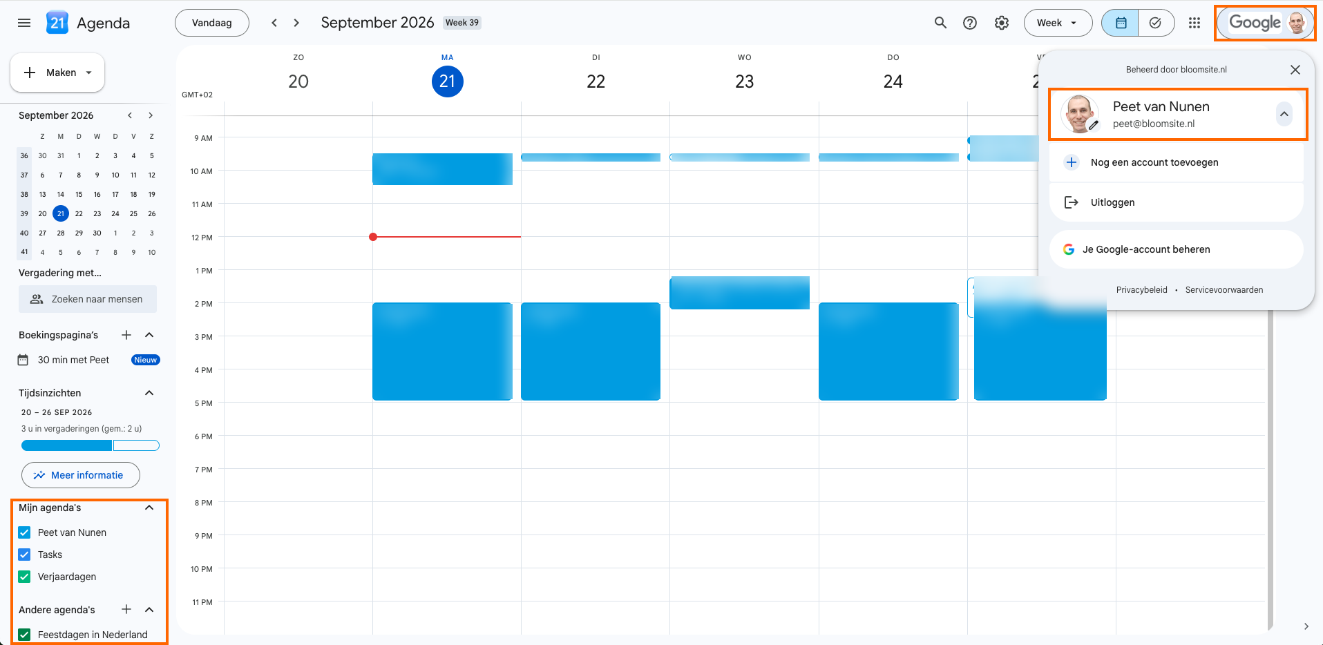 Google Agenda in de browser met rechtsboven het ingelogde account en linksonder de lijst met agenda's