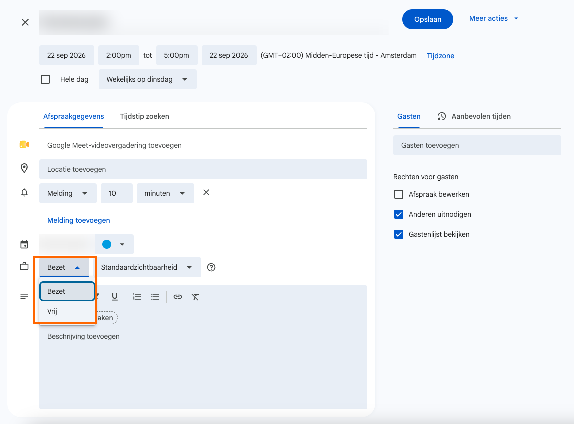 Afspraak in Google Agenda met de keuzelijst Bezet / Vrij geopend