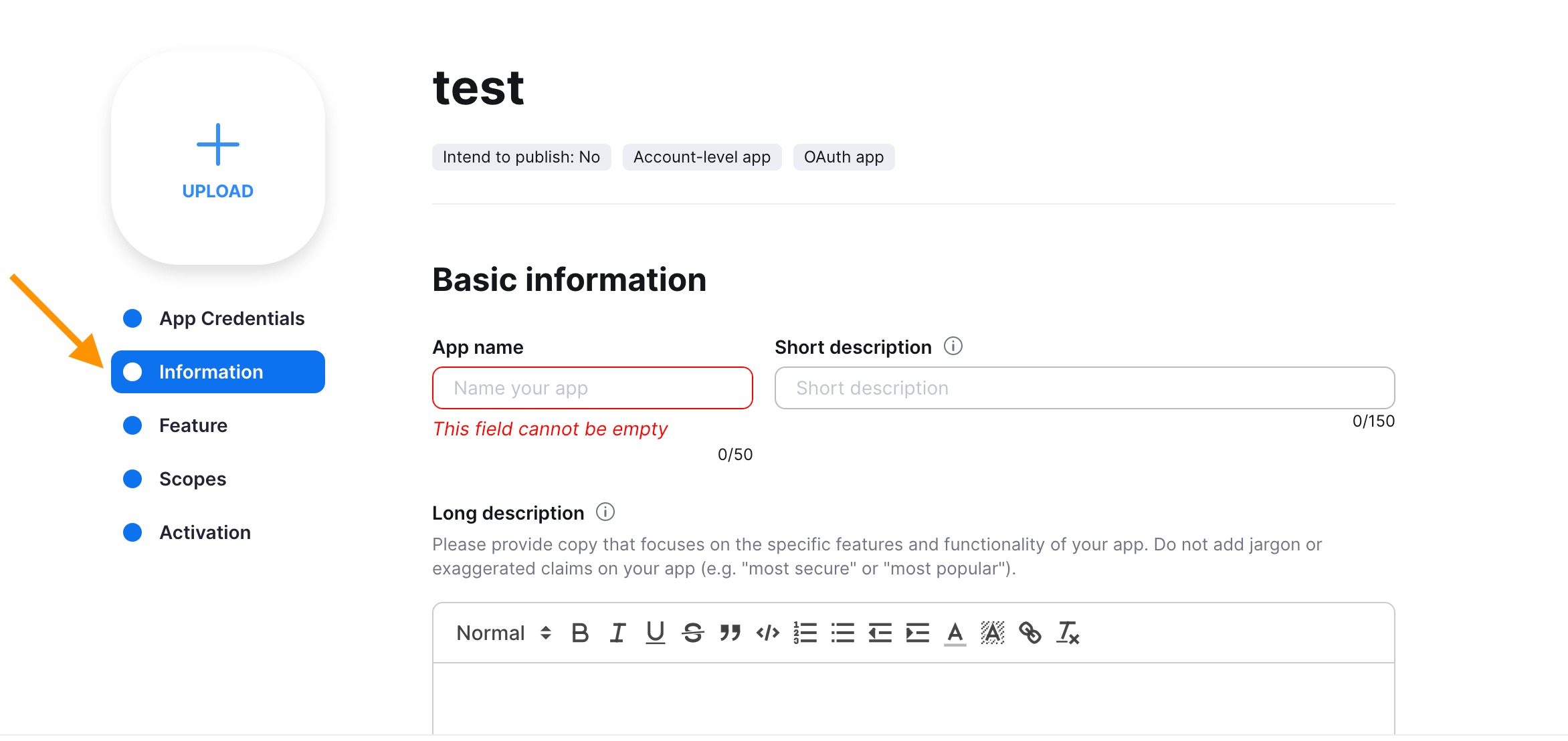 Zoom: app-informatie invullen